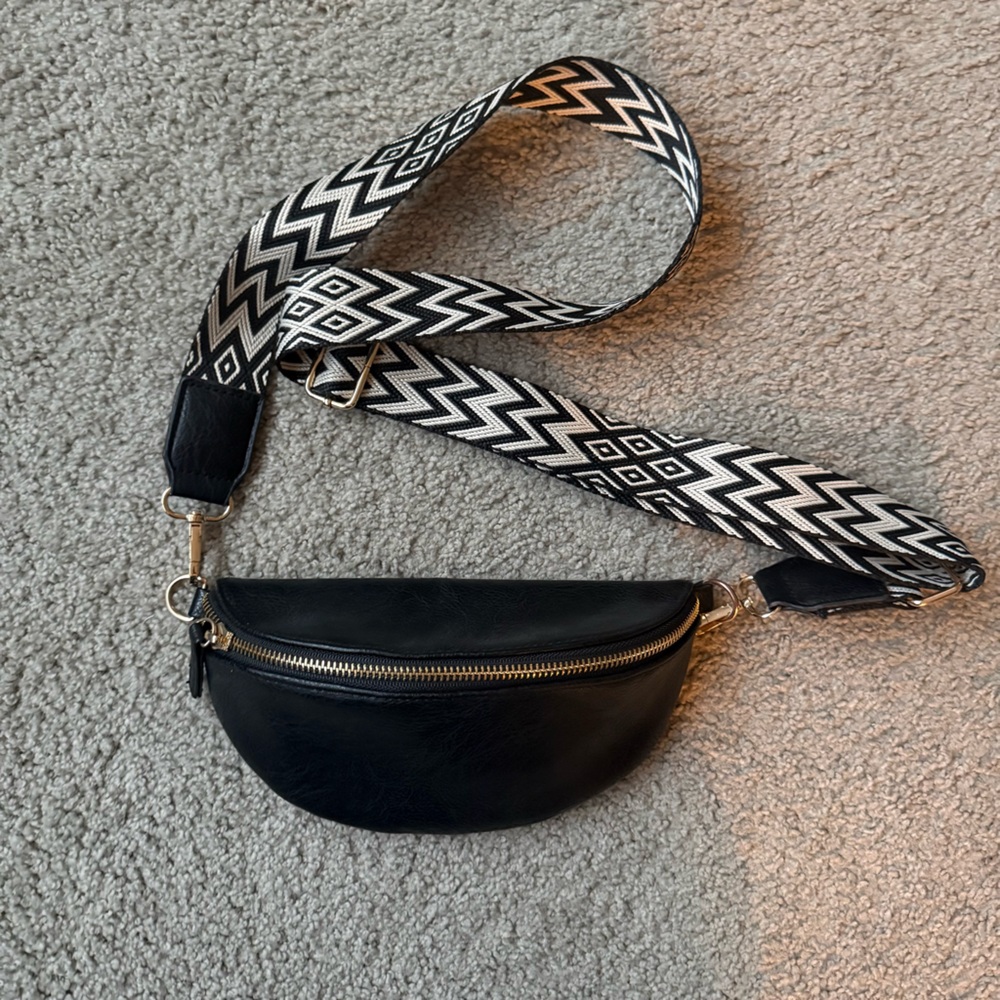 Black Crossbody Bag with Patterned Strap